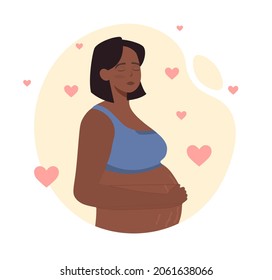 Beautiful pregnant woman concept. Female character carrying child under her heart. Expectant mother loves her baby and strokes her belly. Cartoon flat vector illustration isolated on white background