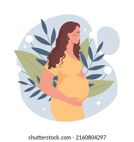 Beautiful pregnant woman. Concept of motherhood and birth of child. Girl stands and holds her stomach against background of flowers. Design for greeting card. Cartoon flat vector illustration.