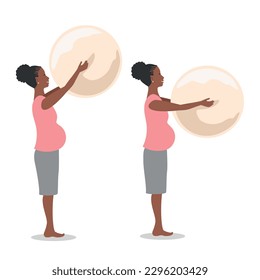 A beautiful pregnant woman is doing exercises with a fitball. Sports during pregnancy. Set of vector illustrations.