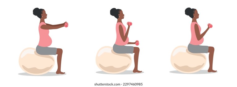 A beautiful pregnant woman is doing exercises with a fitball. Sports during pregnancy. Set of vector illustrations.