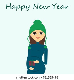 A beautiful pregnant woman dressed in a warm sweater and hat. Her gift for Christmas is her baby, who has her in her stomach. Above the inscription "Happy New Year" .Vector illustrations.