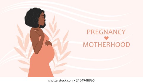 Beautiful pregnant woman, expectant mother hugs her belly with her hands. Banner about pregnancy and motherhood. Vector illustration.