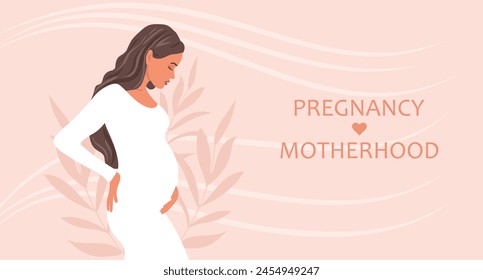 Beautiful pregnant woman, expectant mother hugs her belly with her hands. Banner about pregnancy and motherhood. Vector illustration.