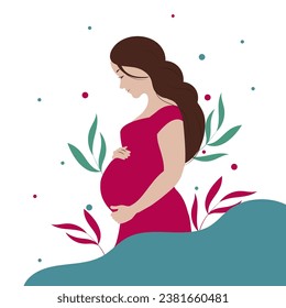 Beautiful pregnant woman expecting a baby, flat illustration