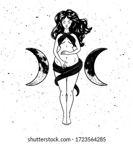 Beautiful pregnant woman figure, symbol of triple goddess, moon phases. Hekate, mythology, wicca, witchcraft. Vector illustration