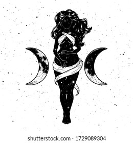 Beautiful Pregnant Woman Figure, Symbol Of Triple Goddess, Moon Phases. Hekate, Mythology, Wicca, Witchcraft. Vector Illustration