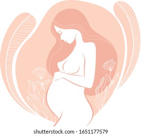 Beautiful pregnant woman with floral ornaments vector art illustration