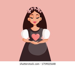 Beautiful Pregnant Woman With Floral Wreath Vector Illustration. Expecting protective young girl holding her baby bump 
