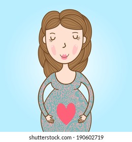 Beautiful pregnant woman with heart on belly. Vector illustration