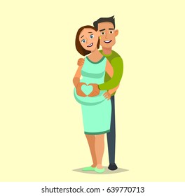 Beautiful pregnant woman and her handsome husband hugging the tummy.Vector illustration in a flat style.