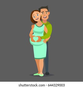 Beautiful pregnant woman and her handsome husband hugging the tummy.Vector illustration in a flat style.