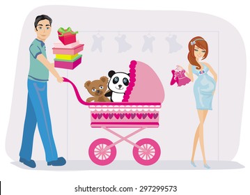 beautiful pregnant woman and her husband on shopping