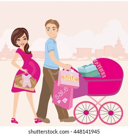 beautiful pregnant woman and her husband on shopping