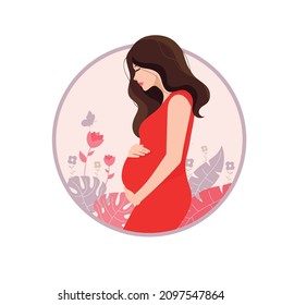 Beautiful pregnant woman holds her belly with Decorated beautiful leaves background Vector 