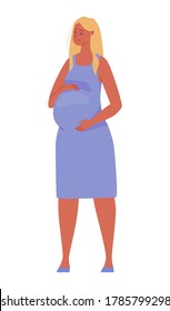 Beautiful pregnant woman hugging her big belly. Illustration. Vector in flat cartoon style.