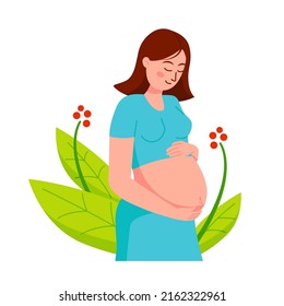 Beautiful pregnant woman hugging her tummy in nature