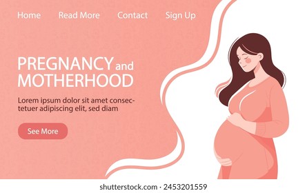 Beautiful pregnant woman hugging her belly, concept of pregnancy and motherhood, vector illustration for doula, obstetrics, doctor. Modern landing page in flat cartoon design.