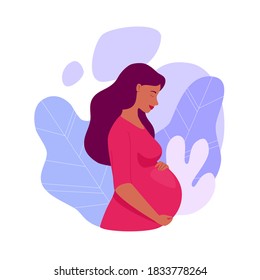 Beautiful pregnant woman hugs her big belly. Profile picture. Illustration. Vector in a flat cartoon style.