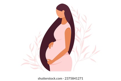 A beautiful pregnant woman hugs her belly. Side view of happy expectant mother. Vector illustration in flat style