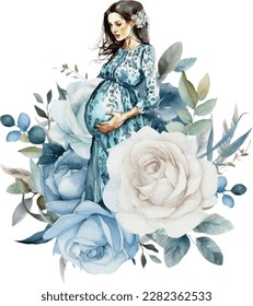 Beautiful pregnant woman hugs and hold the belly with roses bouquet watercolor illustration.