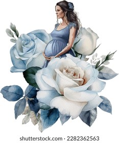 Beautiful pregnant woman hugs and hold the belly with roses bouquet watercolor illustration.