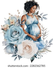 Beautiful pregnant woman hugs and hold the belly with roses bouquet watercolor illustration.