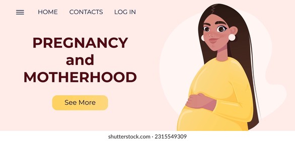  beautiful pregnant woman landing page. Pregnancy and motherhood. girl holding a pregnant belly. Vector illustration