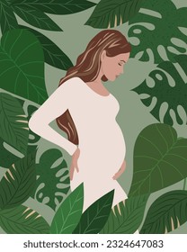 Beautiful pregnant woman in a light dress on a background of tropical leaves. Poster, print, flat illustration	
