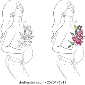 Beautiful pregnant woman line art. Pregnant belly