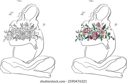 Beautiful pregnant woman line art. Pregnant belly
