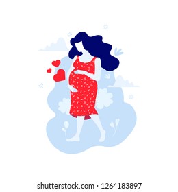 Beautiful pregnant woman with long hair and red dress. Vector flat illustration