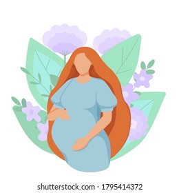 Beautiful pregnant woman with long hair. Template for a card, poster, banner, print, or logo. Symbol of motherhood and pregnancy. Cute vector illustration.