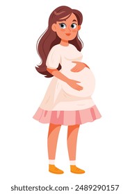 Beautiful pregnant woman in a lush pink dress.The concept of motherhood and family. Pregnancy, goods for preparation for childbirth. 