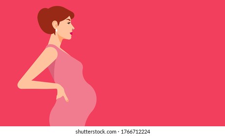 
Beautiful pregnant woman. Mother expecting baby, the last term of pregnancy. Side view, full length. Realistic portrait of young white woman. Modern vector illustration on red background.