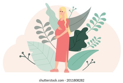 Beautiful pregnant woman with nature background and leaves. Concept