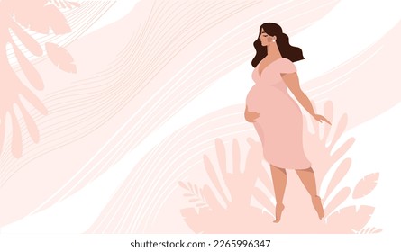 Hermosa mujer embarazada de origen rosa con una planta, el concepto de maternidad y familia. Embarazo, productos para la preparación del parto. Banner vectorial moderno.