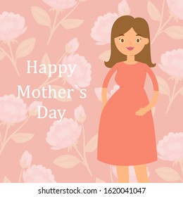 Beautiful pregnant woman on rose floral background pattern for happy mothers day vector illustration. Cartoon character caucasian pregnant lady, mother.