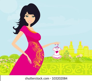 Beautiful pregnant woman on shopping for her new baby Vector Illustration