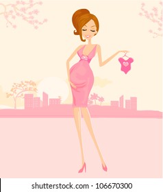 Beautiful pregnant woman on shopping for her new baby Vector Illustration