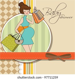 Beautiful pregnant woman on shopping for her new baby. Vector Illustration.