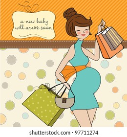 Beautiful pregnant woman on shopping for her new baby. Vector Illustration.