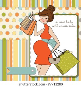 Beautiful pregnant woman on shopping for her new baby. Vector Illustration.