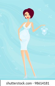 Beautiful pregnant woman on shopping for her new baby  Vector Illustration