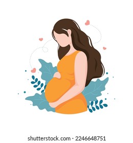 A beautiful pregnant woman in an orange, yellow dress hugs her pregnant belly on a white background with green leaves. Happy pregnancy. Vector illustration.