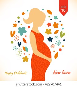 Beautiful pregnant woman in ornate dress. Happy childhood. New born. Cute banner with isolated young mother silhouette