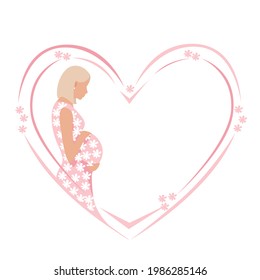 Beautiful pregnant woman in a pink dress with a train of white flowers. The happiness of motherhood, vector illustration isolated on white background.