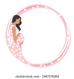 Beautiful pregnant woman in a pink dress with a train of white flowers. The happiness of motherhood, vector illustration isolated on white background.