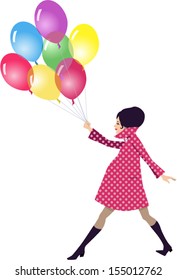 Beautiful pregnant woman in a pink polka-dot coat walking with multicolored balloons, vector illustration