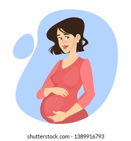 Beautiful pregnant woman portrait. Young mother expecting baby. Pregnancy time. Isolated vector illustration in cartoon style