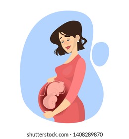 Beautiful pregnant woman portrait. Young mother expecting baby. Pregnancy time. Fetus in the womb. Isolated vector illustration in cartoon style